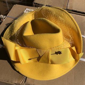 Vintage Hat Mr John 100% Wool Netting Yellow Bow Derby